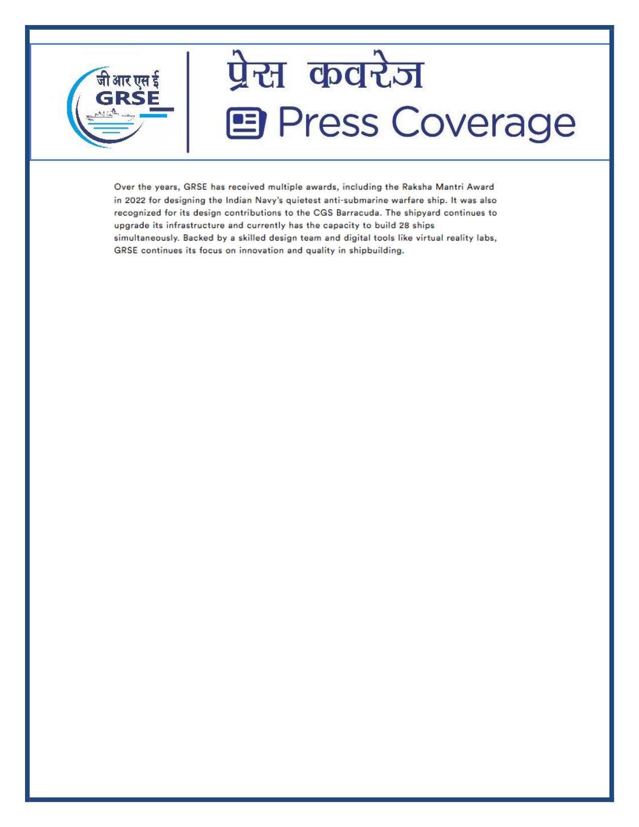 Press Coverage : 4 Aug 25:GRSE Signs MoU with Germany's Reintjes GmbH to Integrate High Quality Propulsion Gear Trains for Indian Navy Ships